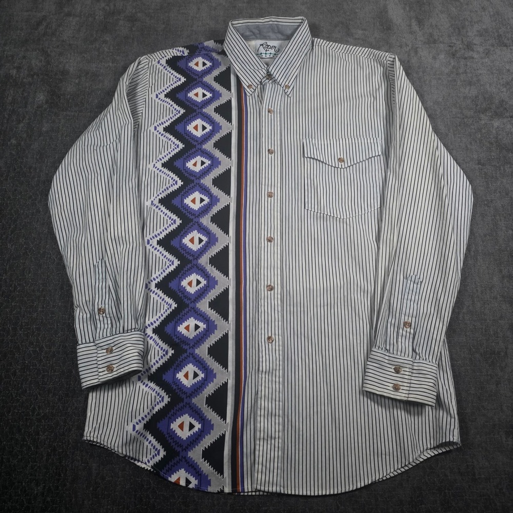 Vintage Roper Border Western Shirt Mens Large Striped Aztec Geometric USA Made